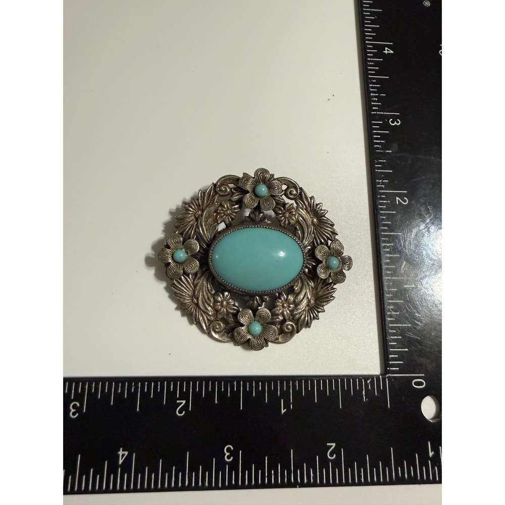 Vintage Silver Tone Faux‎ Turquoise Floral Filigree Round Brooch Pin Statement